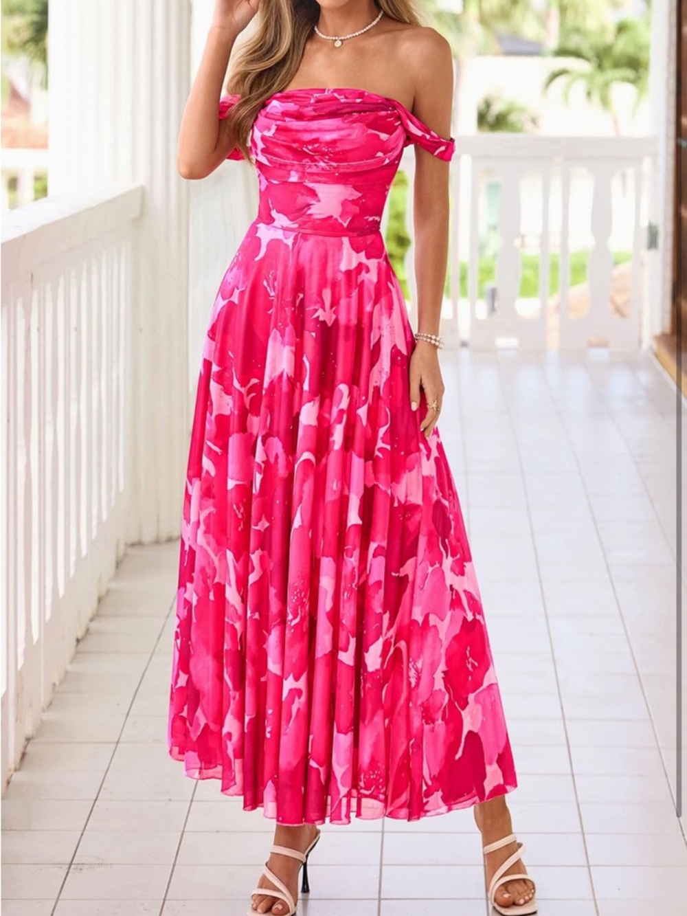 Off-Shoulder Fuchsia Floral Maxi Dress - Picture 7 of 9